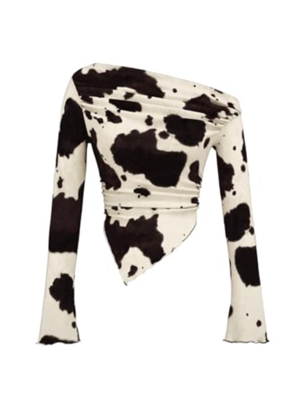 Women's Cow Print One Shoulder Long Bell Sleeve Ruched Crop Top